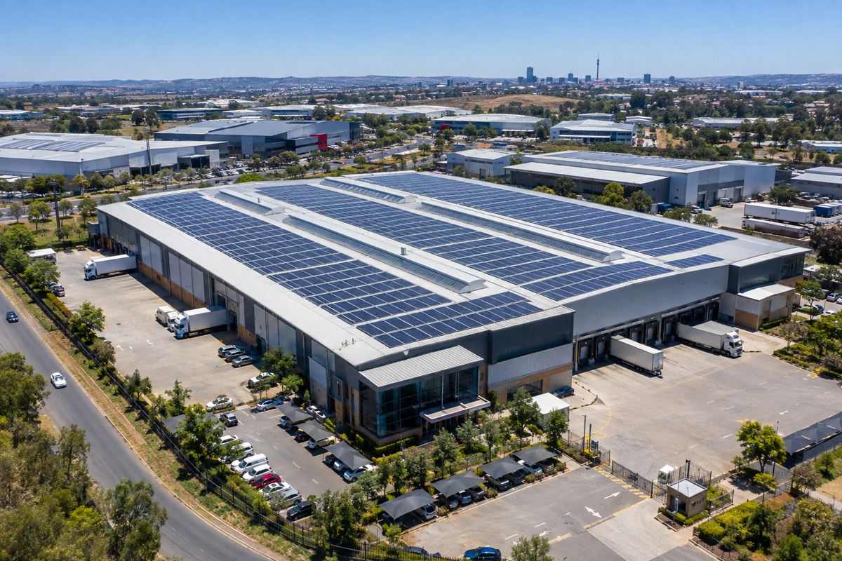 Commercial warehouse rooftop covered in solar panels