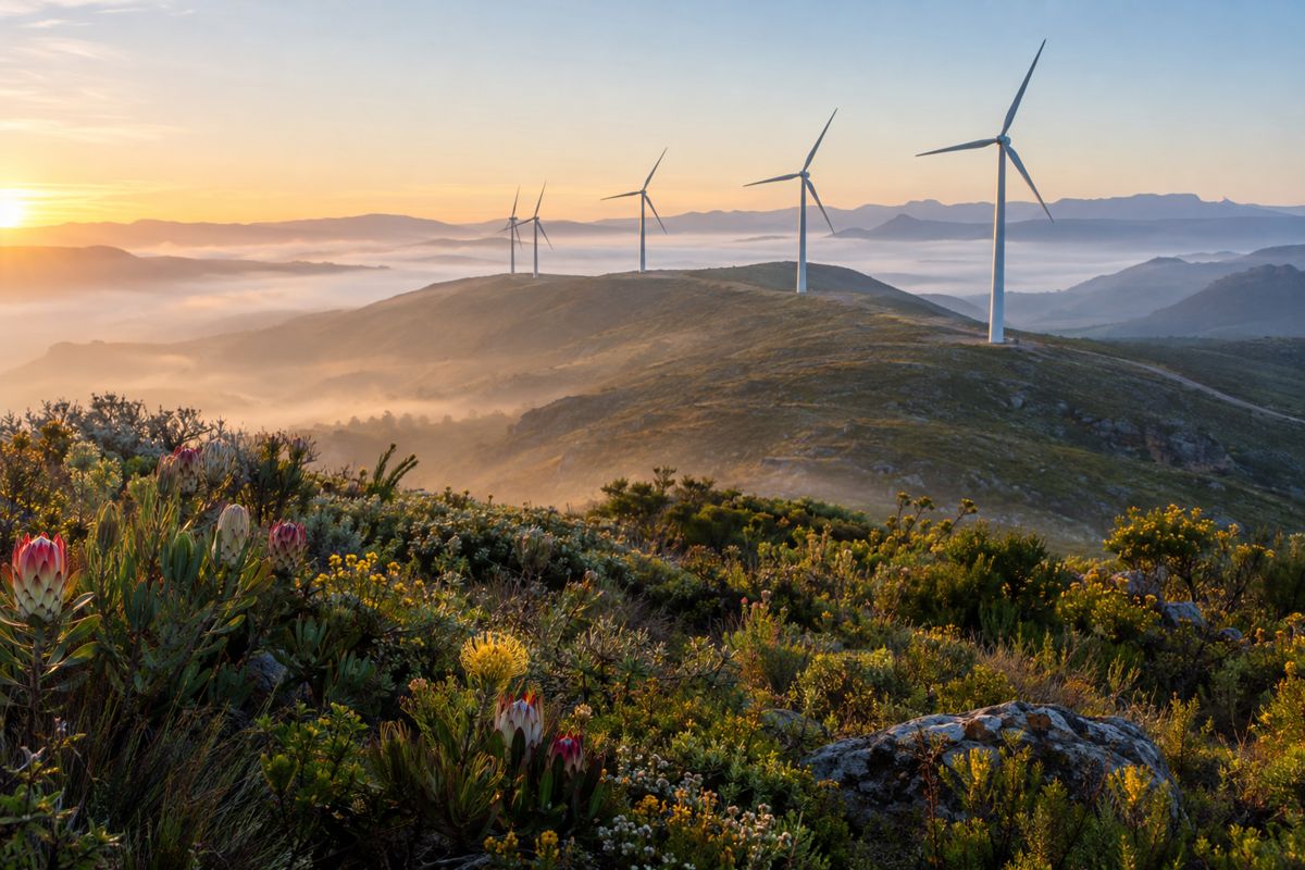 Wind turbines on a ridge above fynbos